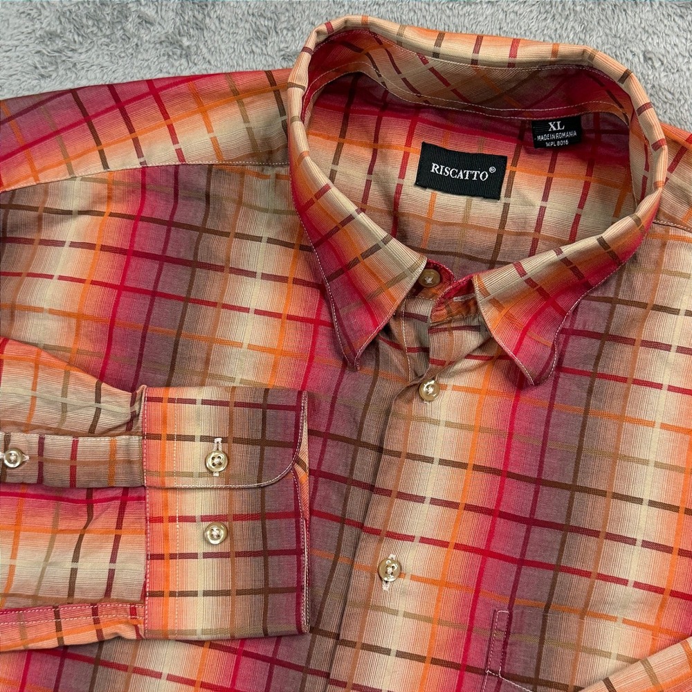 Riscatto Mens XL Long Sleeve Button Down Shirt Red Orange Plaid EUC!